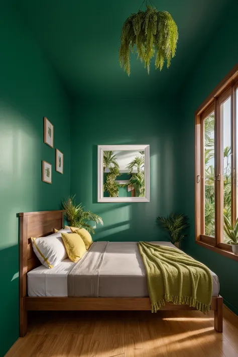 photography, bedroomtropical twinbed with green wallpaper, plant, dim light, mirror, yellow curtains, flower paintings, ornament...