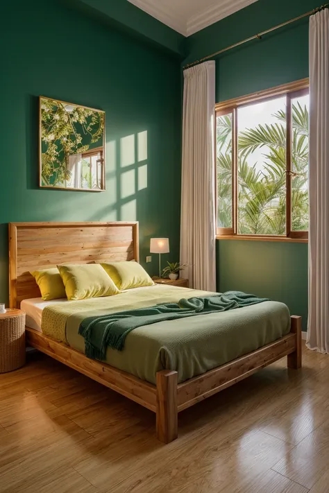 photography, bedroomtropical twinbed with green wallpaper, plant, dim light, mirror, yellow curtains, flower paintings, ornament...