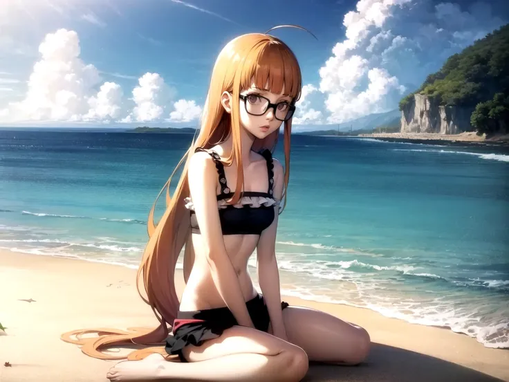 masterpiece, best quality, 1girl, solo, dsfutaba, orange hair, long hair, blunt bangs, ahoge, purple eyes, glasses, frilled bikini, small breasts, midriff, sitting, beach, ocean waves, sunlight, cloud, detailed background, full body
<lora:dsfutaba-v2:1> <...