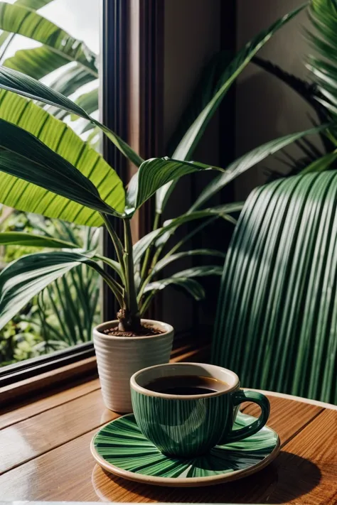 cafe, coffee cup, coffee maker,  tropical style, green ceramics, plant, flower, mirror, glass, banana leaf,  lens flare, dim lig...