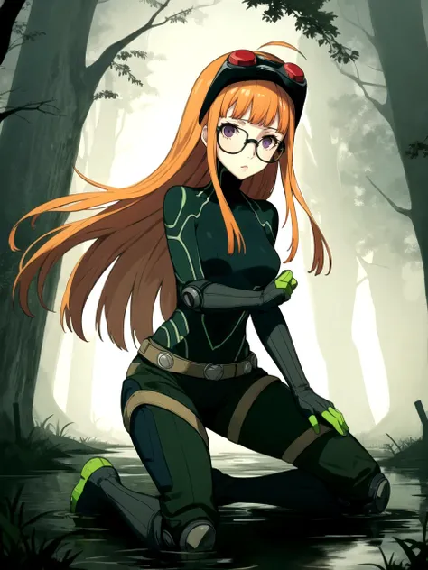 masterpiece, best quality, 1girl, solo, dsoracle, orange hair, long hair, blunt bangs, ahoge, purple eyes, glasses, bodysuit, gloves, goggles on head, belt, on one knee, Eerie Swamp,Twisted trees, stagnant water, misty and hazy atmosphere, ethereal mood
<...