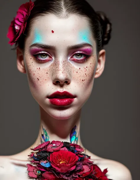 studio portrait absurdly beautiful, elegant, graceful, hypercolorful contrast black gravure woman rubies and red petals, ultrafi...