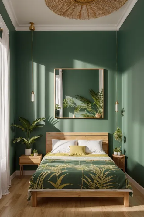 photography, bedroomtropical twinbed with green wallpaper, plant, dim light, mirror, yellow curtains, flower paintings, ornament...