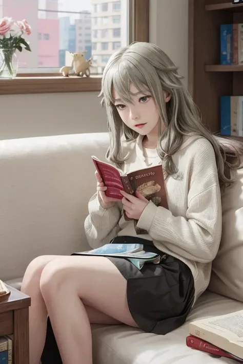 <lora:NotKyo-08:0.7> , nene, 1girl, solo, long hair, skirt, hair ornament, long sleeves, holding, purple eyes, lying, green hair, indoors, on back, sweater, cup, pillow, book, bed, table, scrunchie, mug, bookshelf, tissue box