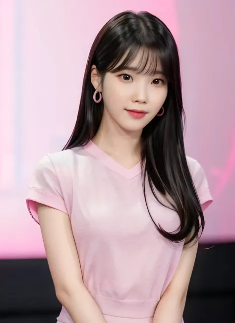 best quality, IU, 1girl, solo, looking at viewer , black hair, upper body, closed mouth , pink shirt , blurry background, <lora:IU_v4_1-000007:0.6>