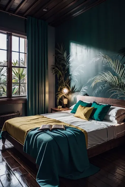 photography, bedroomtropical twinbed with green wallpaper, plant, dim light, mirror, yellow curtains, paintings, ornament, woode...