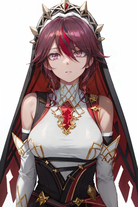 <lyco:free_style:1.0>free style, <lora:rosaria:1>rosaria(genshin impact), solo, streaked hair, red hair, purple hair, gloves, nun, purple eyes, veil, short hair, white gloves, large breasts, upper body, simple background, bare shoulders, parted lips, claw ...