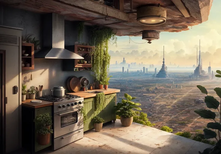 beautiful open kitchen in the style of elena of avalor overlooking aerial wide angle view of a solarpunk vibrant city with greenery, interior architecture, kitchen, eating space, rendered in octane, in the style of Luc Schuiten, craig mullins, solarpunk in...