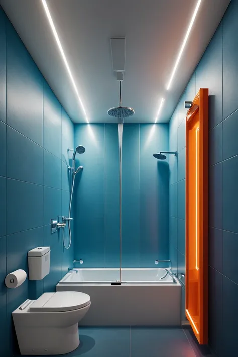 a bathroom shower cylinder capsule, toilet, neon lights, dim light, futuristic, orange light, cable, electricity, ornate, detail, windows with skyscrapers, science fiction, blue purple neon, <lora:ARWCyberpunkInterior:1>