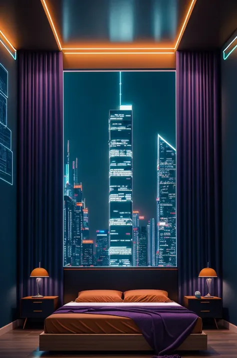 a bedroom, neon lights, dim light, futuristic, orange light, cable, electricity, ornate, detail, windows with skyscrapers, science fiction, blue purple neon, <lora:ARWCyberpunkInterior:1>
