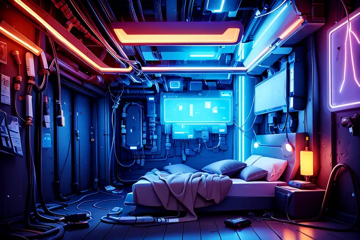 a bedroom, neon lights, dim light, futuristic, orange light, cable, electricity, ornate, detail, windows with skyscrapers, science fiction, blue purple neon, <lora:ARWCyberpunkInterior:1>