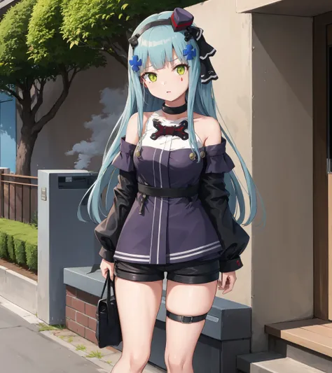 <lora:HK416:1>,
1girl,hk416mod,outdoors,mod3 (girls frontline),minihat,black shorts,hair ribbon,off shoulder,thigh strap,hairband,german flag