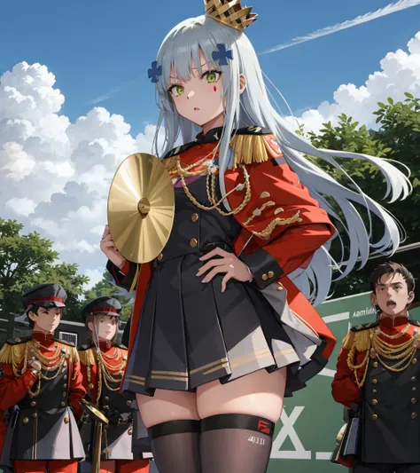 <lora:HK416:1>,
1girl,hk416Band,outdoors,uniform,crown,black dress,red jacket,thighhighs,cymbals,holding instrument