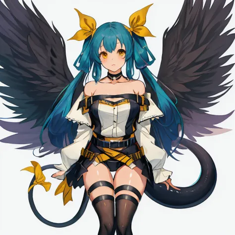 masterpiece,best quality,diji,1girl,ribbon,hair ribbon,asymmetrical wings,wings,choker,tail,yellow ribbon,thighhighs,belt,thigh strap,
<lora:diji_10:0.9>,