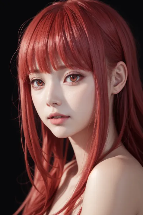 1girl, star eye, blush, perfect illumination, red hair, red eyes, unreal engine, sidelighting, detailed face, bangs, bright skin...