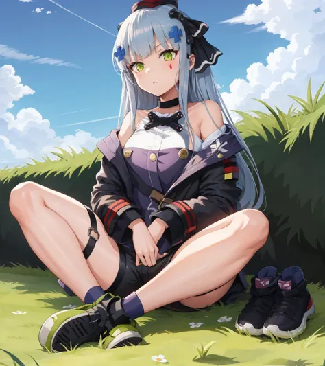 <lora:HK416:1>,
1girl,hk416mod,outdoors,mod3 (girls frontline),minihat,black shorts,hair ribbon,off shoulder,thigh strap,hairband,german flag,sitting,shoes
