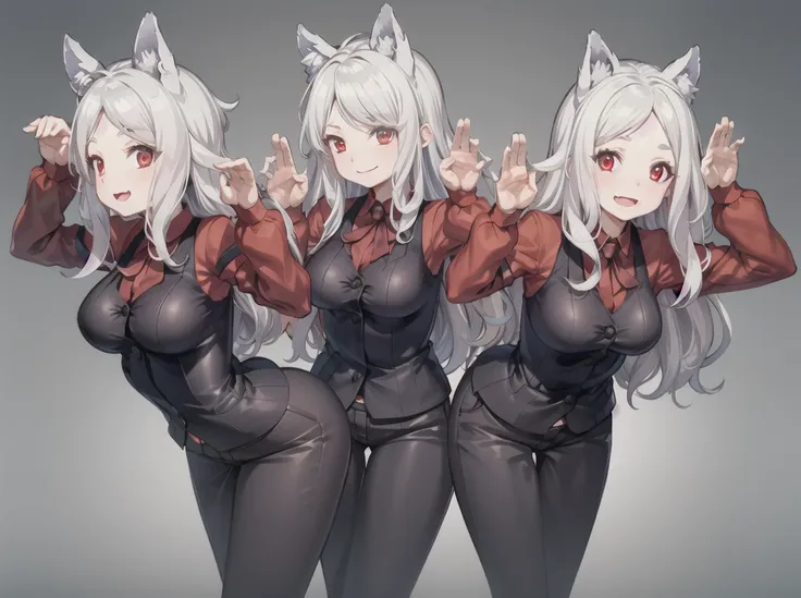 masterpiece, best quality, standing, 3girls,
<lora:cerberus:0.8>, cerberus(helltaker), demon girl, long hair, white hair, red shirt, dog girl, bunny ears, red shirt, black vest, (black pants:1.1),
<lora:Ver2-10:1>, arms up, rabbit pose,