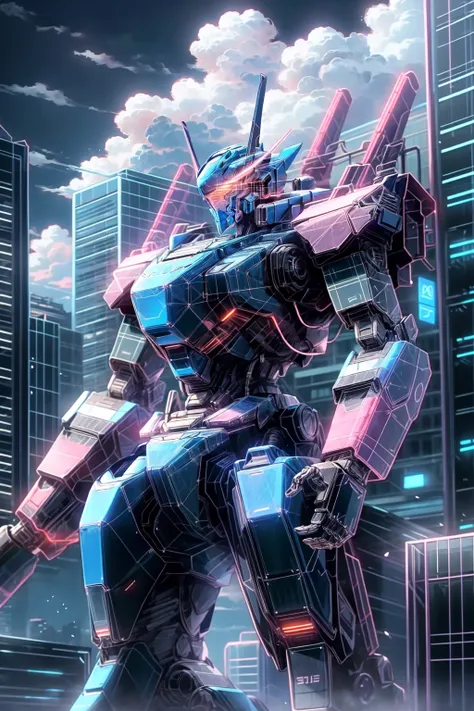 <lora:HologramMecha:1>, sky, cloud, holding_weapon, no_humans, glowing, , robot, building, glowing_eyes, mecha, science_fiction, city, realistic,light pink mecha