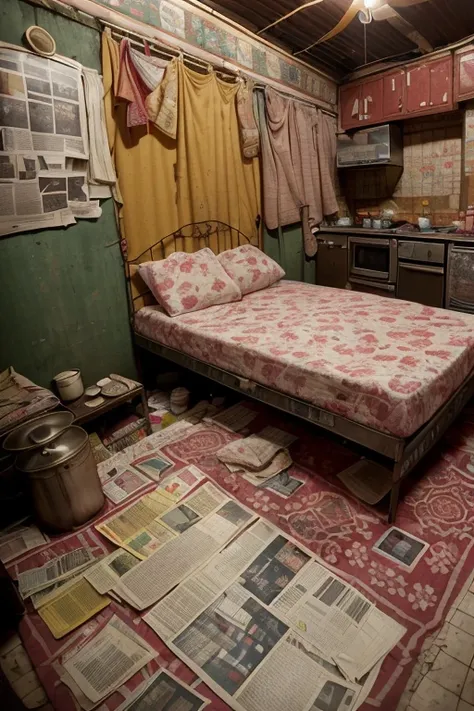 portrait of sluminterior, bedroom, mattress, slum, poster, pan, kitchen, rack, detail, crack, broken, newspaper, ornate, broken mirror, bed, blanket and pillow, dirty, <lora:ARWSlumInterior:1>