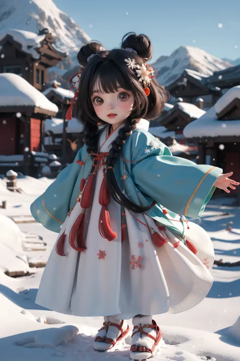 Best quality, masterpiece, 1 girl, chibi,full body, wearing hanfu, looking at viewer,Snowy mountains, snow, snowflakes flying
<lora:Guofeng_mengwan_v1:0.8>