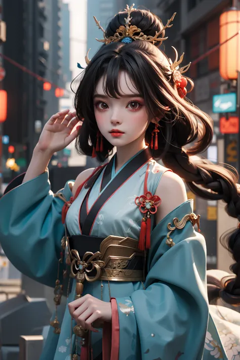 (masterpiece),(best quality), 1 girl, chibi, chinese_clothes, in white and blue hanfu, robot girl, cyberpunk city, dynamic pose, Headdress, hair ornament, long hair, cyberpunk, a high-tech city, full of machinery and futuristic element, futurism, technolo...