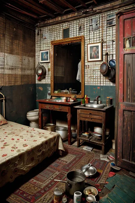 portrait of sluminterior, bedroom, slum, poster, pan, kitchen, rack, detail, crack, broken, newspaper, ornate, broken mirror, bed, blanket and pillow, dirty, <lora:ARWSlumInterior:1>