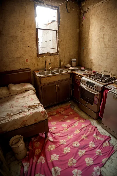 portrait of sluminterior, bedroom, mattress, slum, poster, pan, kitchen, rack, detail, crack, broken, newspaper, ornate, broken mirror, bed, blanket and pillow, dirty, <lora:ARWSlumInterior:1>