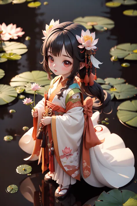 Guofeng_blindbox, Best quality, masterpiece, 1 girl, solo, blindbox 3D character, a Chinese girl in white Hanfu,Standing in the lotus leaf, set in a Chinese-style scene, brigde, ((lotus)), reflection, blue sky,
<lora:Guofeng_mengwan_v1:0.7>