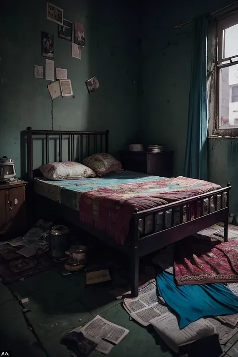 portrait of sluminterior, bedroom, mattress, clothesline, slum, poster, pan, kitchen, rack, detail, crack, broken, newspaper, ornate, broken mirror, bed, blanket and pillow, dirty, <lora:ARWSlumInterior:1>