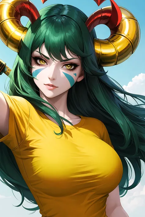 1girl, solo, sword, long hair, holding sword, holding weapon, holding, green hair, facial mark, yellow eyes, large breasts, looking at viewer, horns, upper body, shirt, skull, yellow shirt,(mature female:1.15),<lora:stanleylau-v1-naivae-final-6ep:0.7>