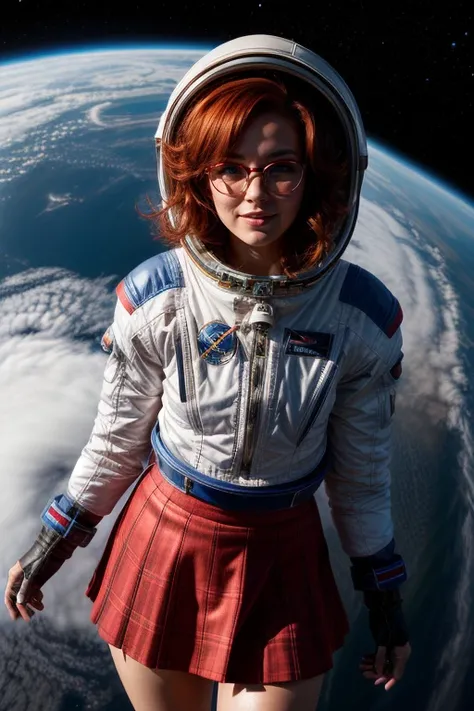 <lora:more_details:0.9>, sp4c3w0m3n , <lora:pulpLadiesOG2v1:0.7>, 20 year old ginger woman with red hair and glasses posing in spacesuit with ((skirt)) and space helmet ,from angle, on space station,<lora:unhorny_v01:-1> <lora:ClothingAdjuster2:-0.4>,