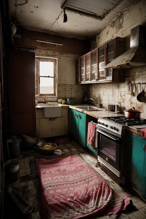 portrait of sluminterior, bedroom, slum, poster, pan, kitchen, rack, detail, crack, broken, newspaper, ornate, broken mirror, bed, blanket and pillow, dirty, <lora:ARWSlumInterior:1>