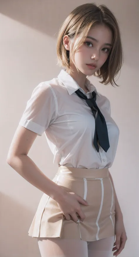 beautiful girl, blonde hair, short hair, dark solid background, soothing tones, muted colors, high contrast, (natural skin texture, hyperrealism, side lighting, sharp), medium breasts, sexy body, cowboy shot,school uniform, skirt, 
(((white pantyhose))),  ...