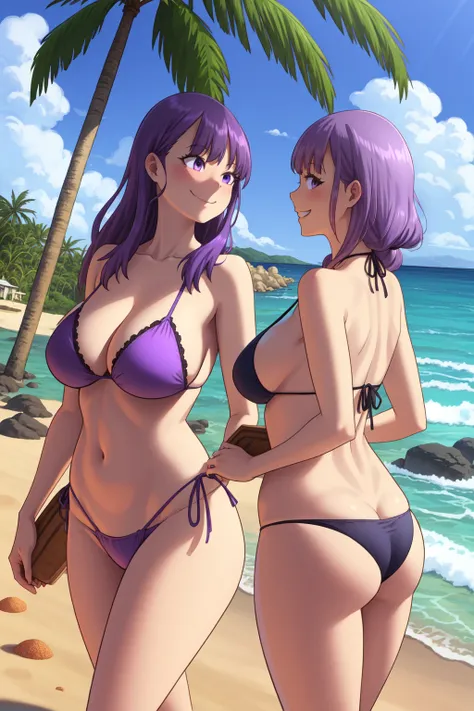 2girls, twins, solo, standing, walking, upper body,
purple hair, short hair, (long hair:1.2),
purple eyes, (looking at another:1.4),
smile,
purple bikini, purple thong,
large breasts, ass,
outdoors, beach, plants, sand, rocks, palms, 
 <lora:Zheng:1>