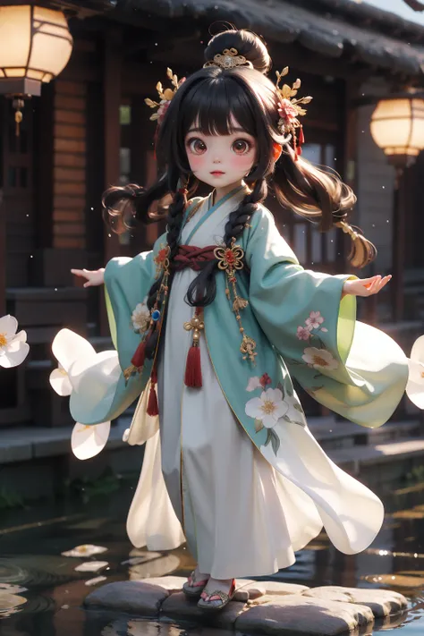 Best quality, masterpiece, 1 girl, chibi, wearing hanfu, looking at viewer,embroidered robe with exquisite details, gentle and demure disposition, elegant and graceful movements, silk slippers with golden embroidery,Arch bridge, slustrous black hair styl...