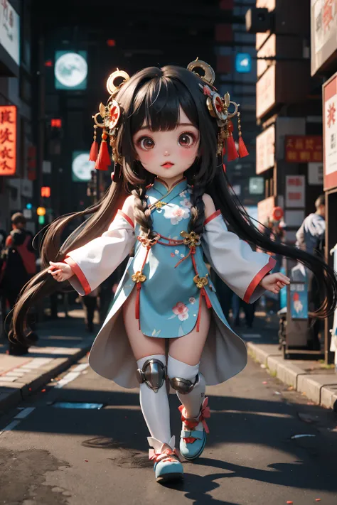 (masterpiece),(best quality), 1 girl, (chibi), full body, chinese_clothes, in white and blue Cheongsam, robot girl, cyberpunk city, dynamic pose, Headdress, hair ornament, long hair, cyberpunk, a high-tech city, full of machinery and futuristic element, f...