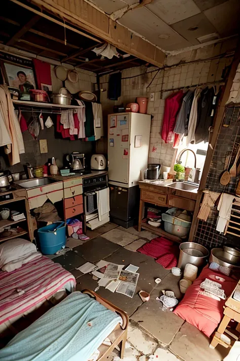 portrait of sluminterior, bedroom, mattress, india, wardrobe, clothesline, slum, poster, pan, kitchen, rack, detail, crack, broken, newspaper, ornate, broken mirror, bed, blanket and pillow, dirty, <lora:ARWSlumInterior:1>
