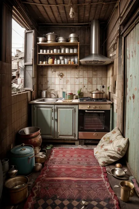 portrait of sluminterior, slum, poster, pan, kitchen, rack, detail, ornate, broken mirror, bed, blanket and pillow, dirty, <lora:ARWSlumInterior:1>