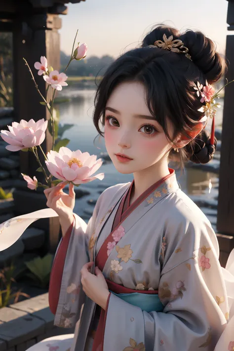 Best quality, masterpiece, 1 girl, chibi, wearing hanfu, looking at viewer,embroidered robe with exquisite details, gentle and demure disposition, elegant and graceful movements, silk slippers with golden embroidery,Arch bridge, slustrous black hair styl...