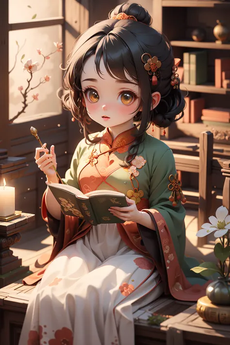 (masterpiece),(best quality), 1girl,chibi, full body,in style of blindbox, ((green Cheongsam)), sitting in a traditional Chinese study,jeweled hairpin adorning, black hair. bookshelves filled with ancient texts and scroll paintings,reading a book with a fo...