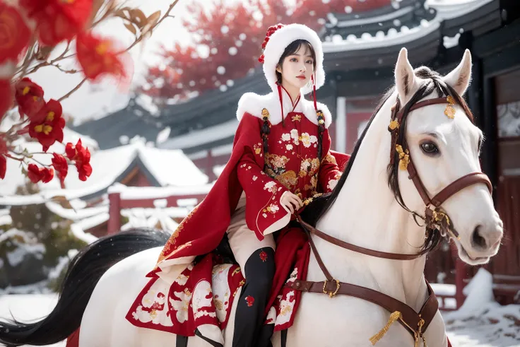 1 girl, full body, riding a horse, (dynamic poses), Hanfu, (Winter hanfu), (cloak, headwear:1.1), (snow, red flowers, chinese outdoors:1.2), <lora:Winter_Hanfu:0.65>,
