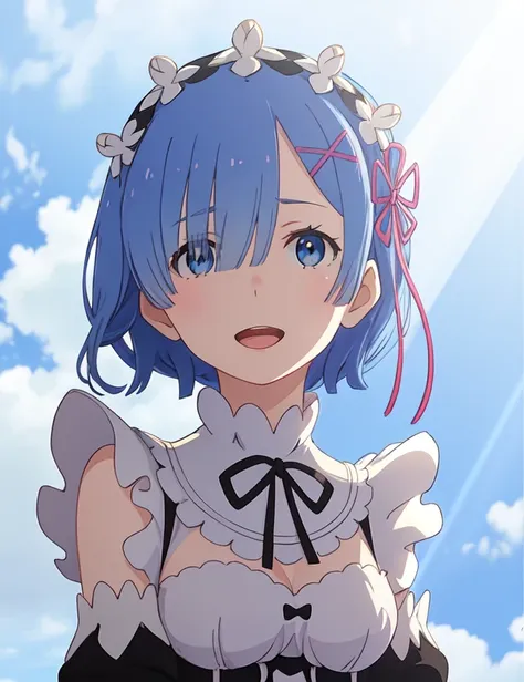 best quality, masterpiece, <lora:rem-000009:0.9:mid>, phrem, 1girl, blue hair, solo, maid, roswaal mansion maid uniform, looking...