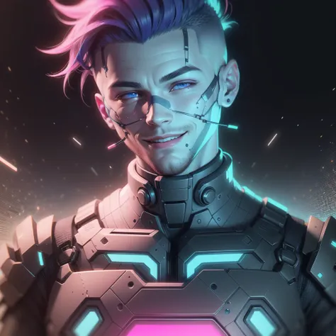 <lora:RetrowaveTech-20:0.8>,retrowavetech ,scifi, virtual, vaporwave , wireframe ,
scholar , scroll, 1boy,(man:1.2), blue skin, smile ,closed mouth, buzz cut, ,colored glowing hair ,glowing eyes,closed mouth,
