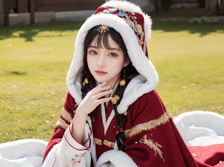 1 girl, (lying:1.35), Hanfu, (Winter hanfu), (cloak, headwear), (snow:1.2), <lora:Winter_Hanfu:0.65>, (masterpiece,best quality:1.5), ultra realistic,32k,RAW photo,(high detailed skin:1.2), 8k uhd, wide shot:1.2)