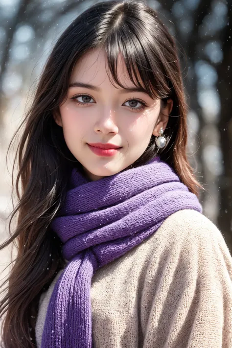 (smile :1.1), masterpiece,ultra realistic,32k,extremely detailed CG unity 8k wallpaper, best quality,(winter day ),lady ,necklace ,eardrop, Easter Island, Chile, ( Lavender Styling with a scarf ) , gradient hair hair Layered hair ,, ultra realistic,32k,RAW...