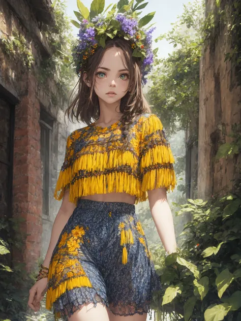 absurdres, highres, ultra detailed,  (1 young woman:1.4),
break
, festival style, fringe clothing, boho dresses, flower crowns, ...