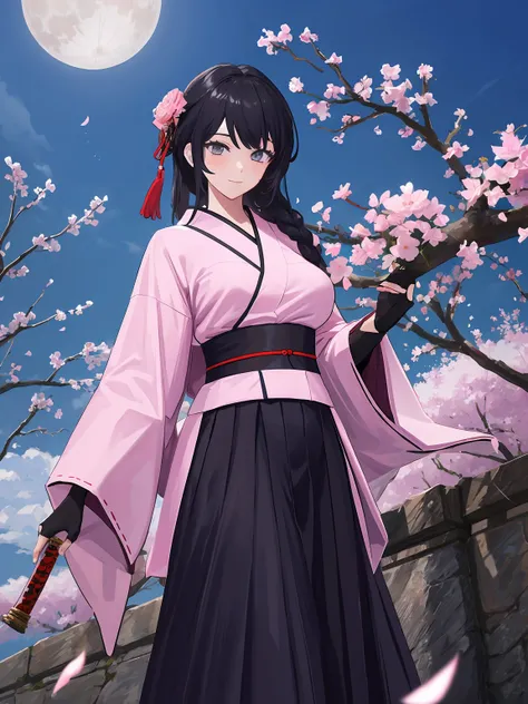 masterpiece,best quality,highres,cinematic lighting,dramatic angle,<lora:NightOfRevengeV1-000012:0.8>,Suzune,black hair,long hair,pink kimono,long sleeves,wide sleeves,obi,black skirt,(hip cutout:1.1),ribbon,hair ornament,flower knot,fingerless gloves,grey...