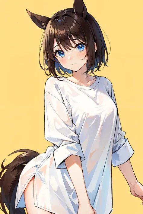 oversized shirt, 1girl, solo, animal ears, horse ears, tail, brown hair, blue eyes, horse tail, shirt, horse girl, simple background, yellow background, looking at viewer, white shirt, short hair, blush, shirt tug, closed mouth, bangs, cowboy shot<lora:o...