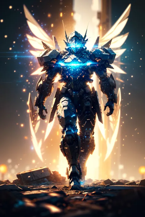 <lora:BokehMecha:1>, (masterpiece, best quality:1.3),extremely high detailed, intricate, 8k, HDR, wallpaper, cinematic lighting ,(universe), glowing, armor, glowing eyes, mecha, large wings, 