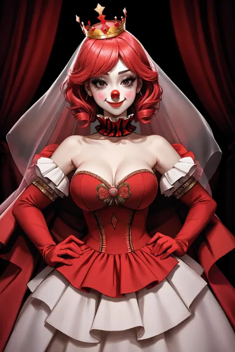 Masterpiece, absurdres,HDR,8k,smirking,best quality,
edgClussy_woman,red clown nose, wearing a Haute_Couture designer dress,crown
Haute_Couture,wearing a Haute_Couture designer dress, portrait, <lora:Haute_Couture1.11:0.45>
 <lora:edgClussy:0.8>